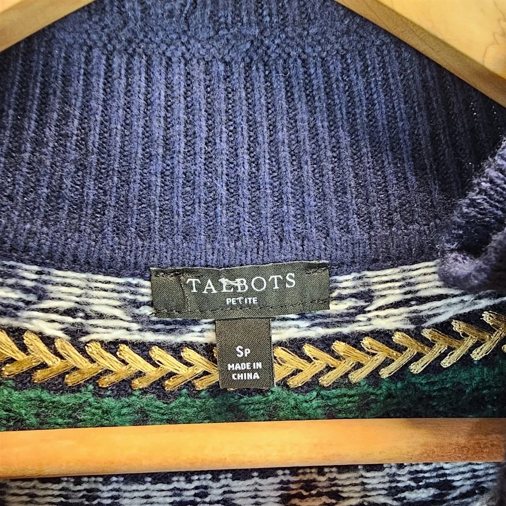 Talbots Petite Fair Isle Sweater Dress Navy Mock Neck Button Detail SP Holiday